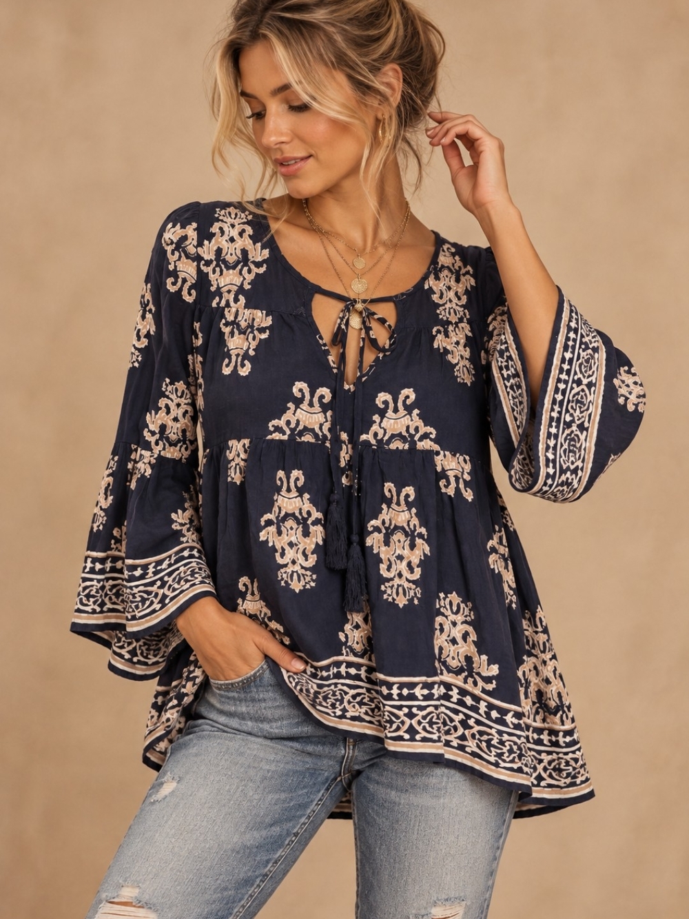 Altar'd State Navy Boho Print Bell Sleeve Blouse Large EUC